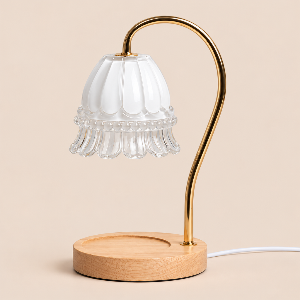 Flower Glass Candle Warmer Lamp | Brass Arm & Wood Base, 5 Shade Colours