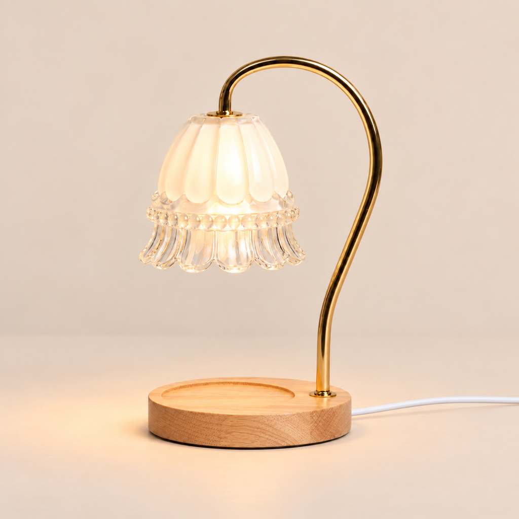 Flower Glass Candle Warmer Lamp | Brass Arm & Wood Base, 5 Shade Colours