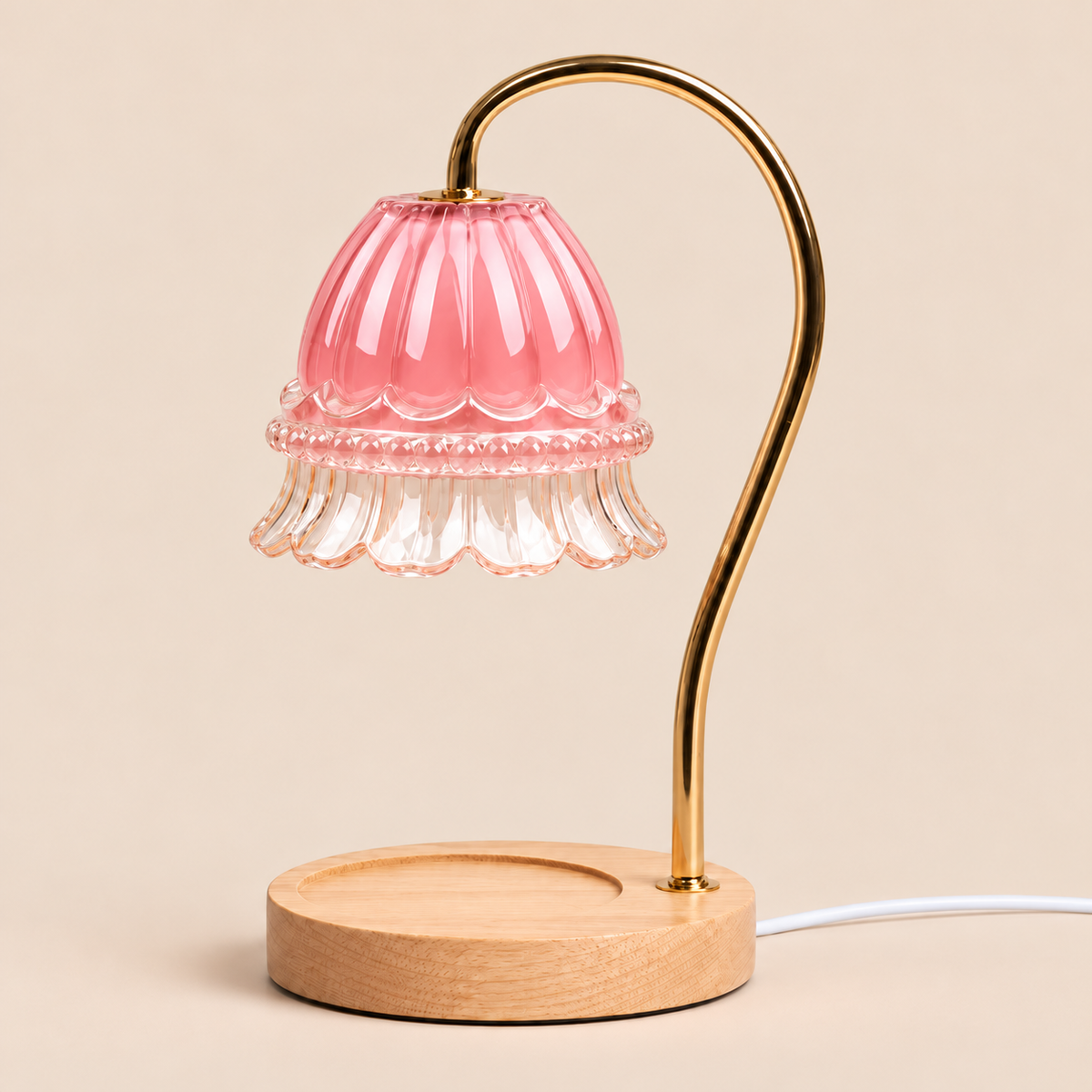 Flower Glass Candle Warmer Lamp | Brass Arm & Wood Base, 5 Shade Colours