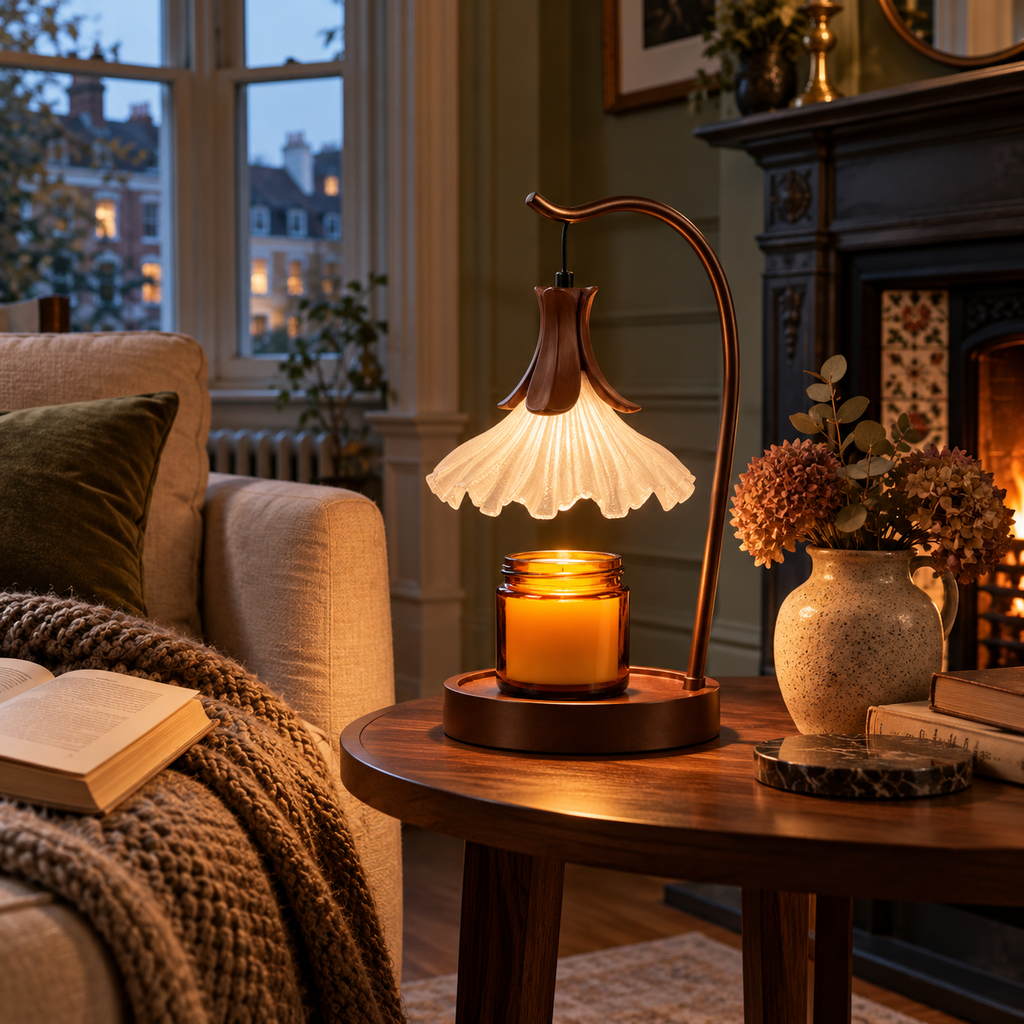 Flower Candle Warmer Lamp | Petal Shade, Curved Arm, Wood Base, 3-Colour Light, 36 cm, UK Plug