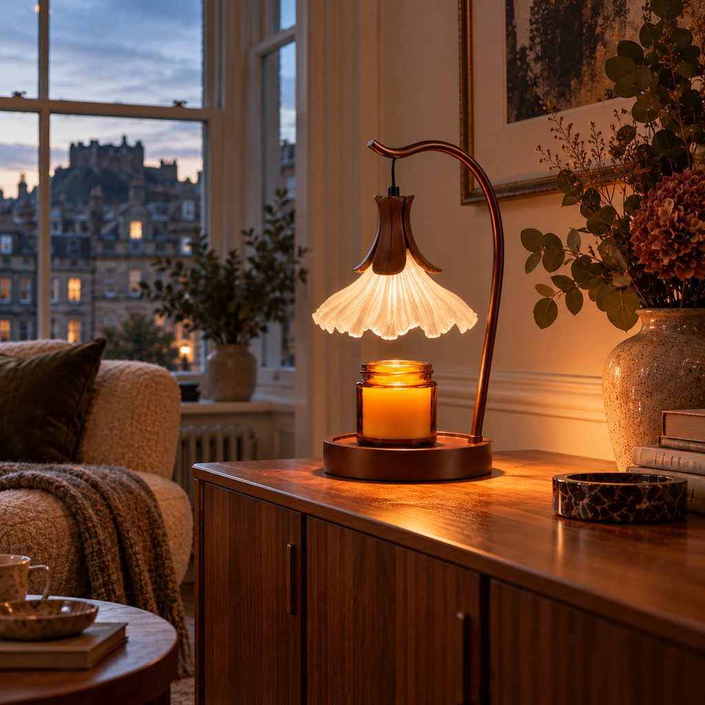 Flower Candle Warmer Lamp | Petal Shade, Curved Arm, Wood Base, 3-Colour Light, 36 cm, UK Plug