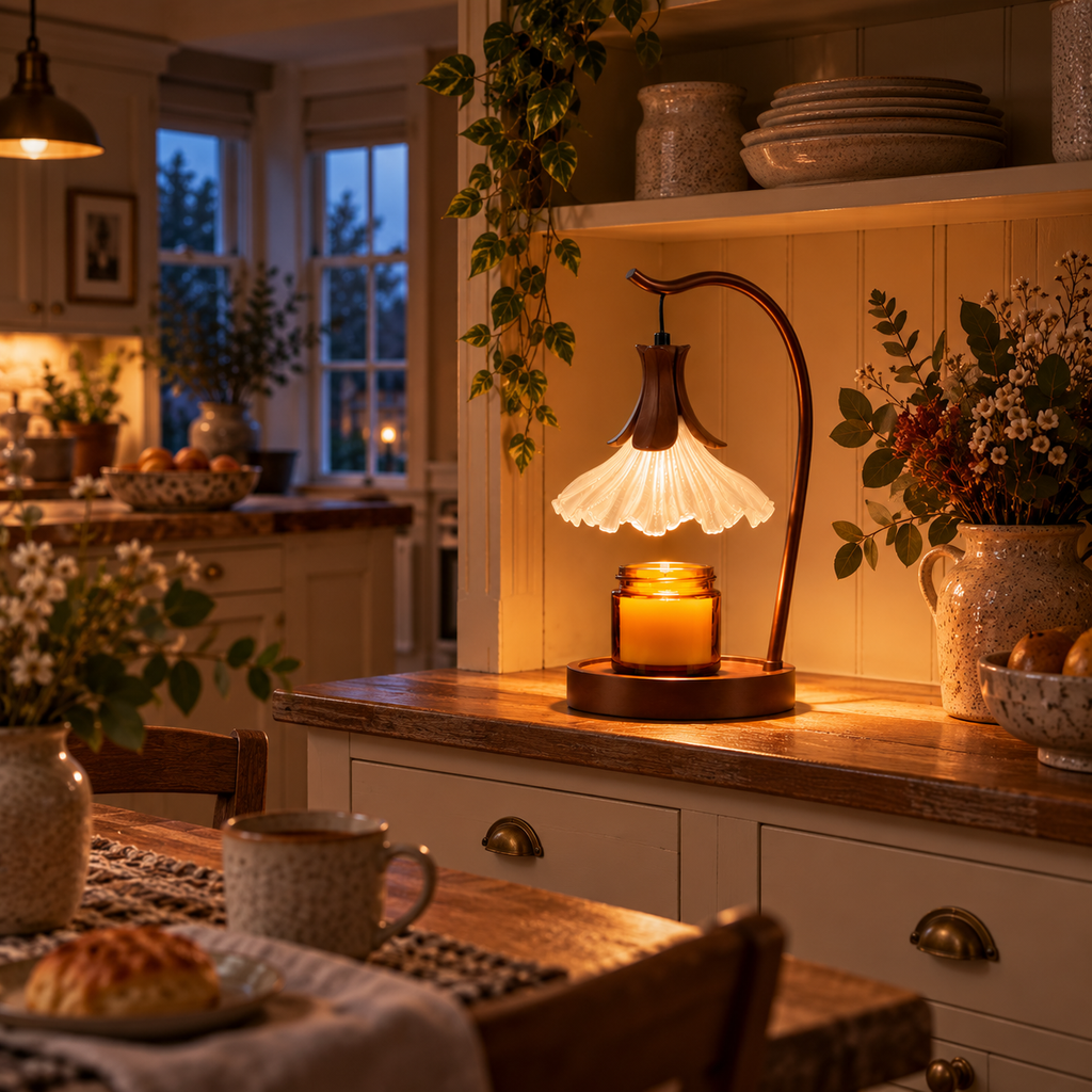 Flower Candle Warmer Lamp | Petal Shade, Curved Arm, Wood Base, 3-Colour Light, 36 cm, UK Plug