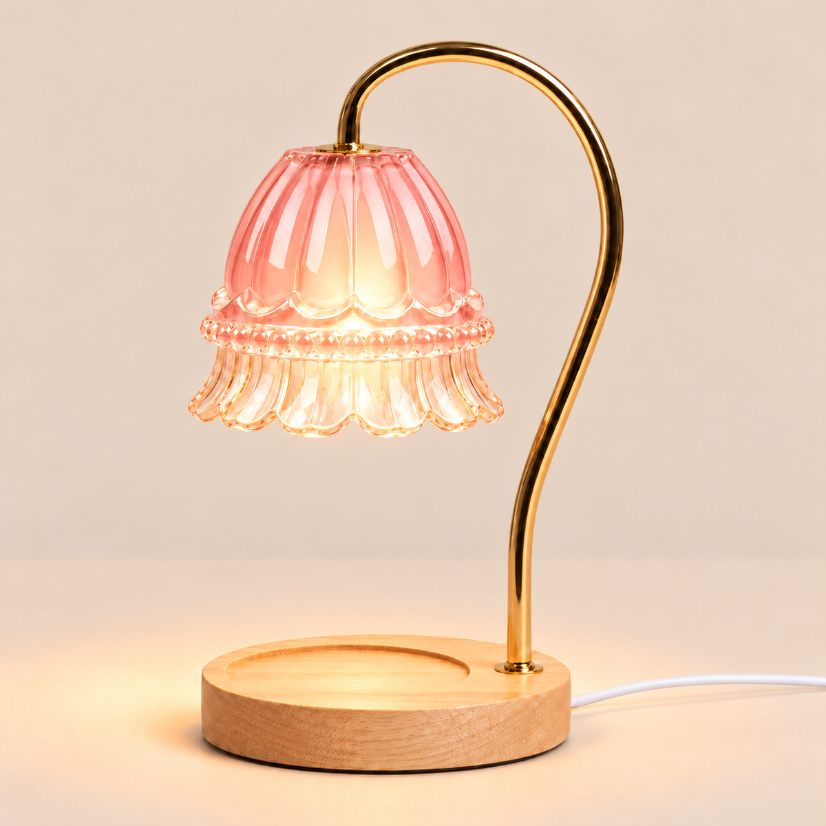 Flower Glass Candle Warmer Lamp | Brass Arm & Wood Base, 5 Shade Colours