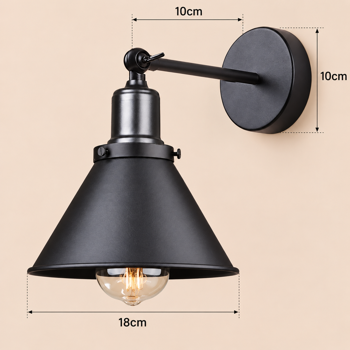 Black Wall Light 18cm - Industrial Cone Sconce for Hallway & Kitchen