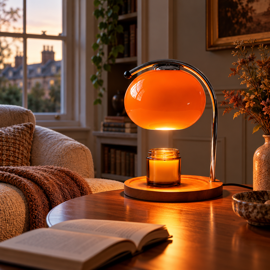 Retro Glass Candle Warmer Lamp | Dimmable Dome Shade, Wood Base, Milky White, Orange or Yellow