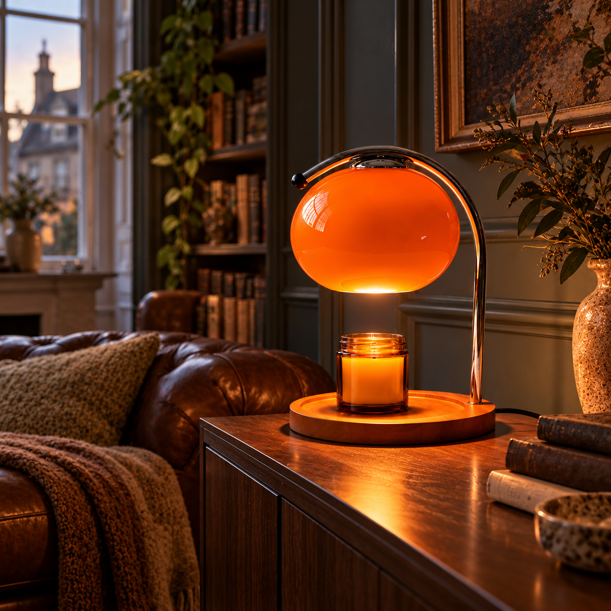 Retro Glass Candle Warmer Lamp | Dimmable Dome Shade, Wood Base, Milky White, Orange or Yellow