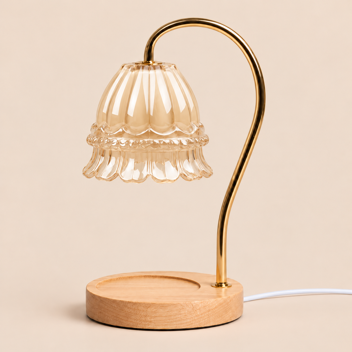 Flower Glass Candle Warmer Lamp | Brass Arm & Wood Base, 5 Shade Colours