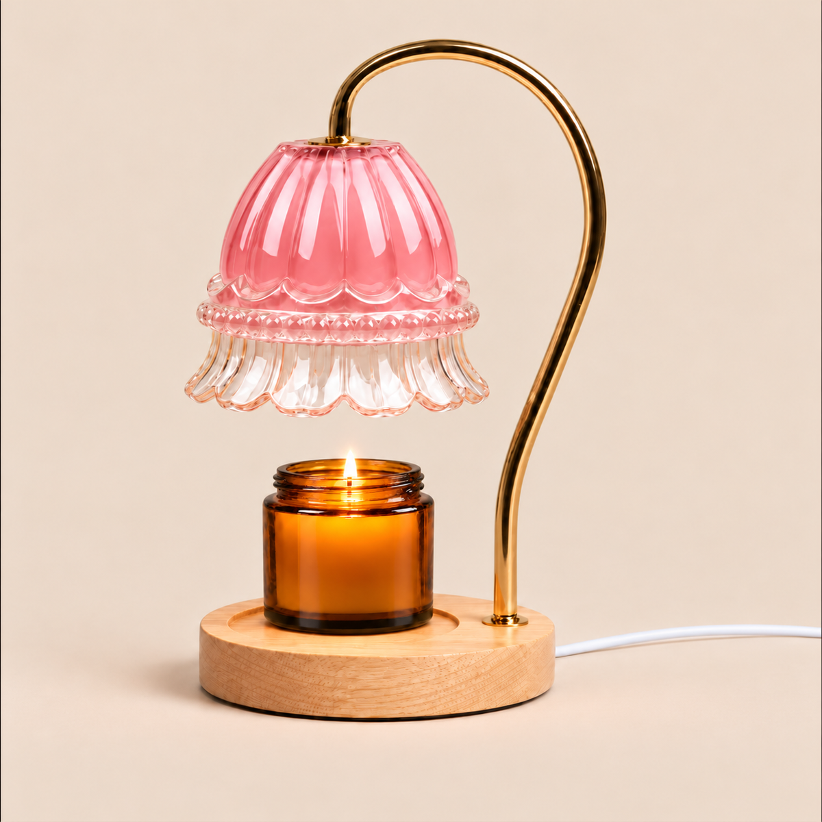Flower Glass Candle Warmer Lamp | Brass Arm & Wood Base, 5 Shade Colours