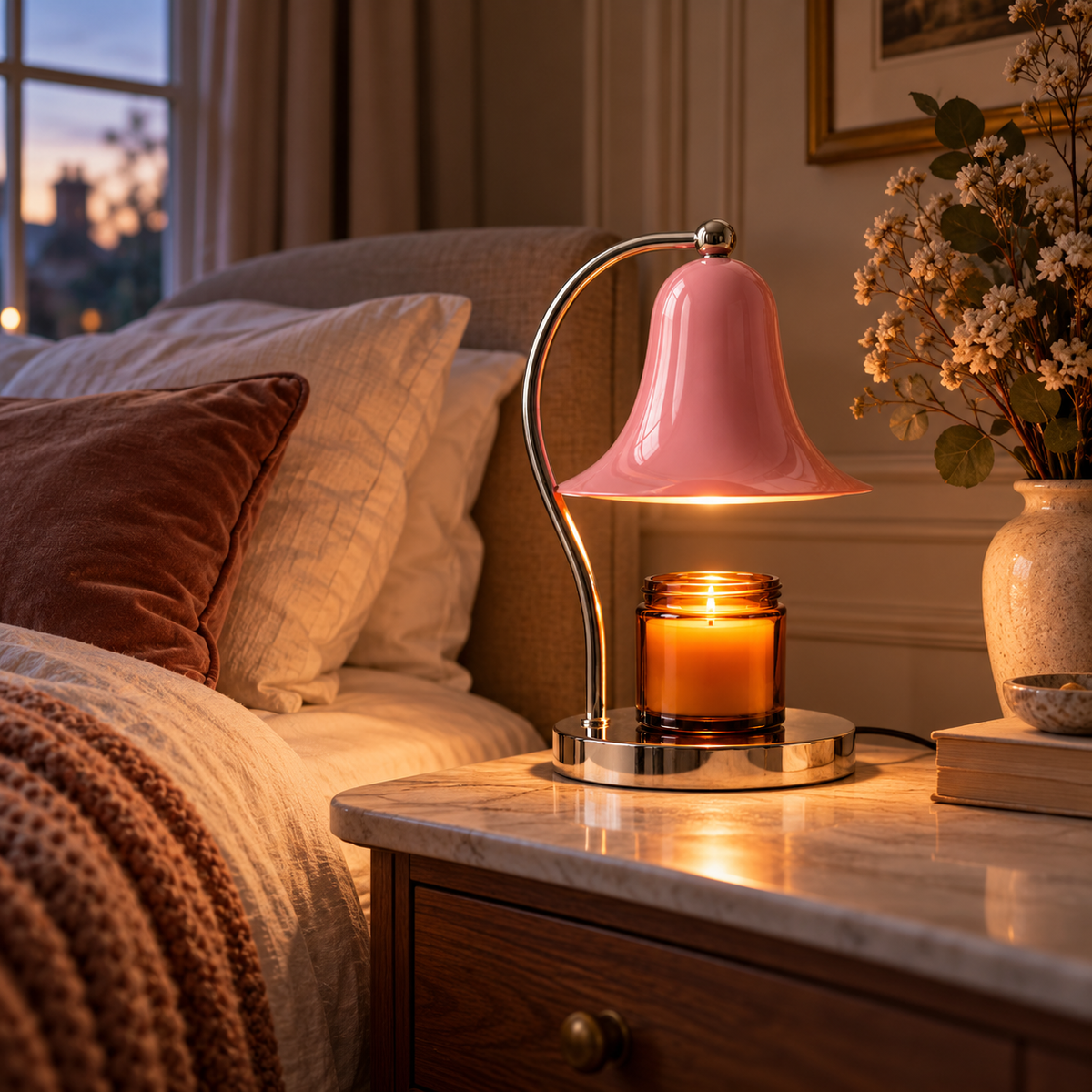 Bell Shade Candle Warmer Lamp | Chrome Arm & Base, Silver Red Yellow or Pink, Gift for Her