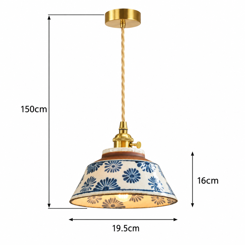 Hand-Painted Ceramic Pendant Light | Blue & White Glaze, Floral or Stripe Shade