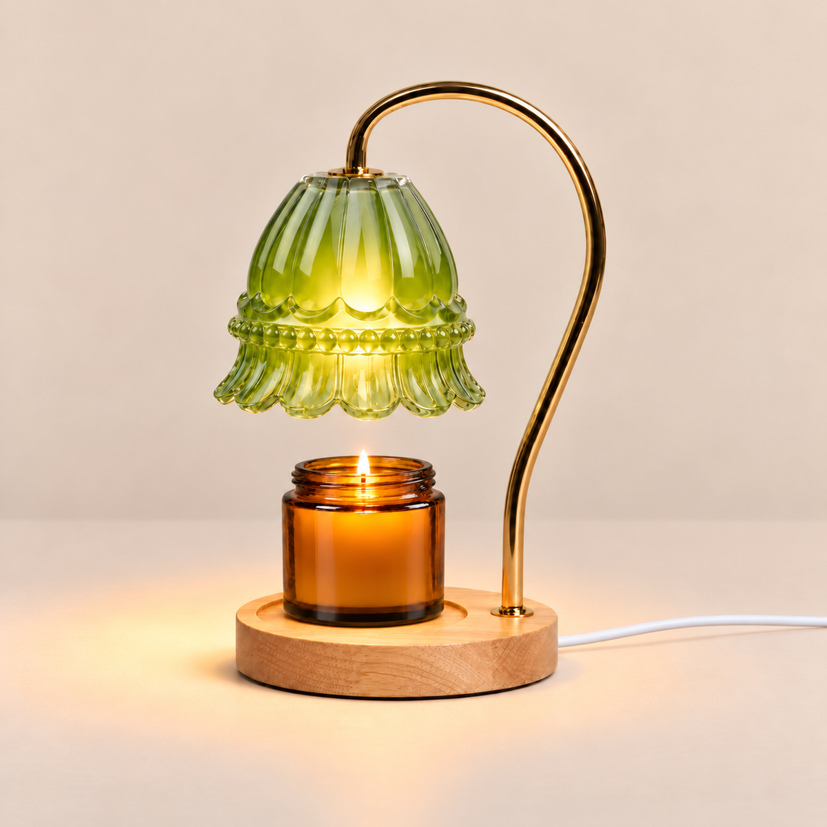 Flower Glass Candle Warmer Lamp | Brass Arm & Wood Base, 5 Shade Colours
