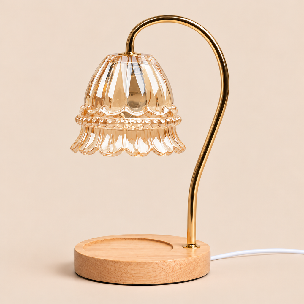 Flower Glass Candle Warmer Lamp | Brass Arm & Wood Base, 5 Shade Colours