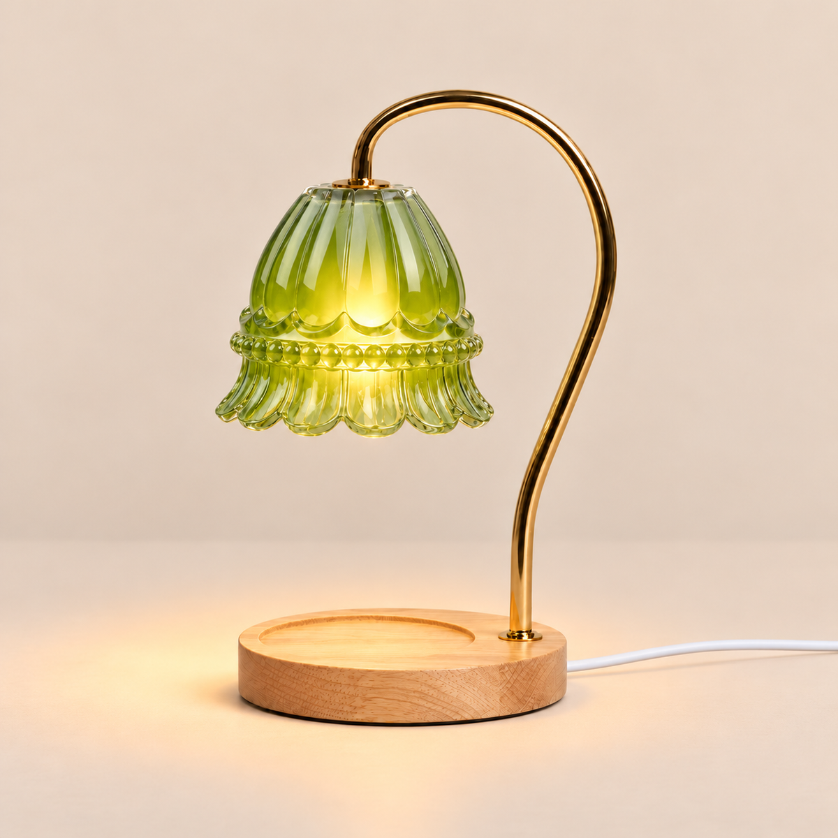 Flower Glass Candle Warmer Lamp | Brass Arm & Wood Base, 5 Shade Colours