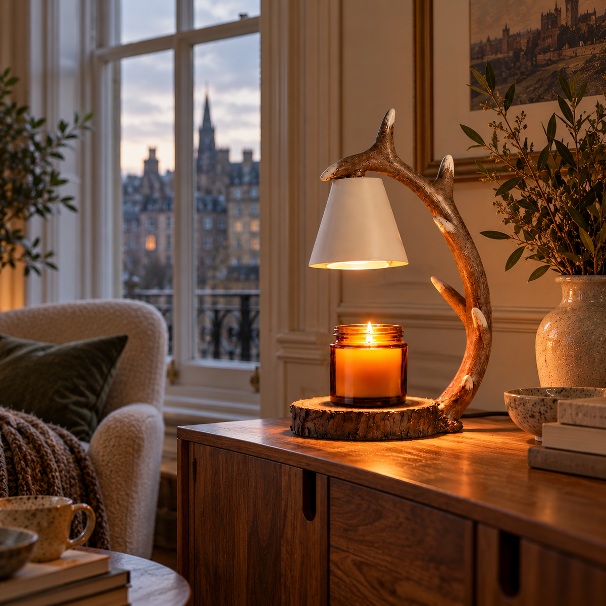 Antler Candle Warmer Lamp | Resin Antler Arm, Log Slice Base, Timer & Dimmer, UK Plug, Gift