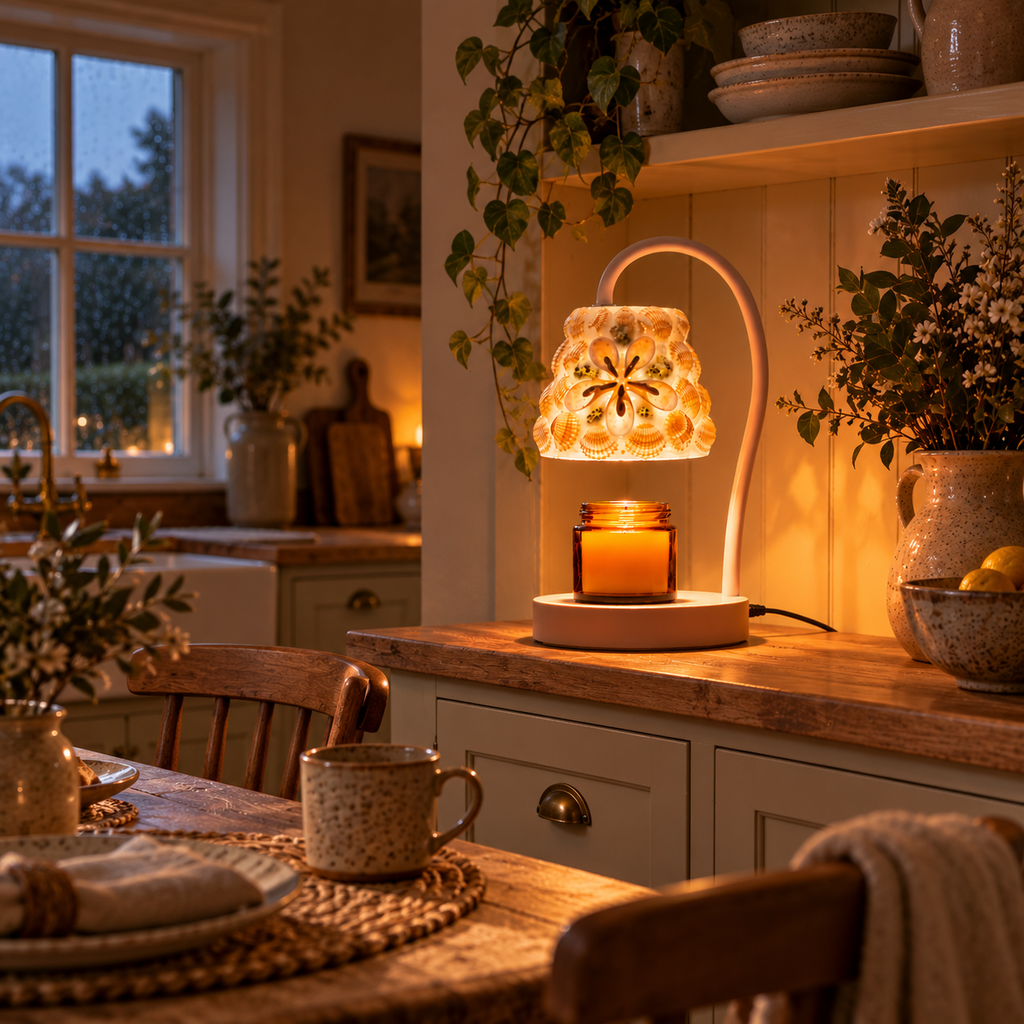 Shell Mosaic Candle Warmer Lamp | Bell Shade, White Gooseneck Arm & Base, 12 x 25 cm, UK Plug