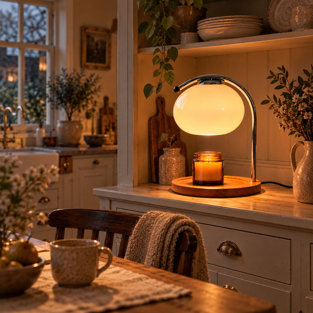 Retro Glass Candle Warmer Lamp | Dimmable Dome Shade, Wood Base, Milky White, Orange or Yellow