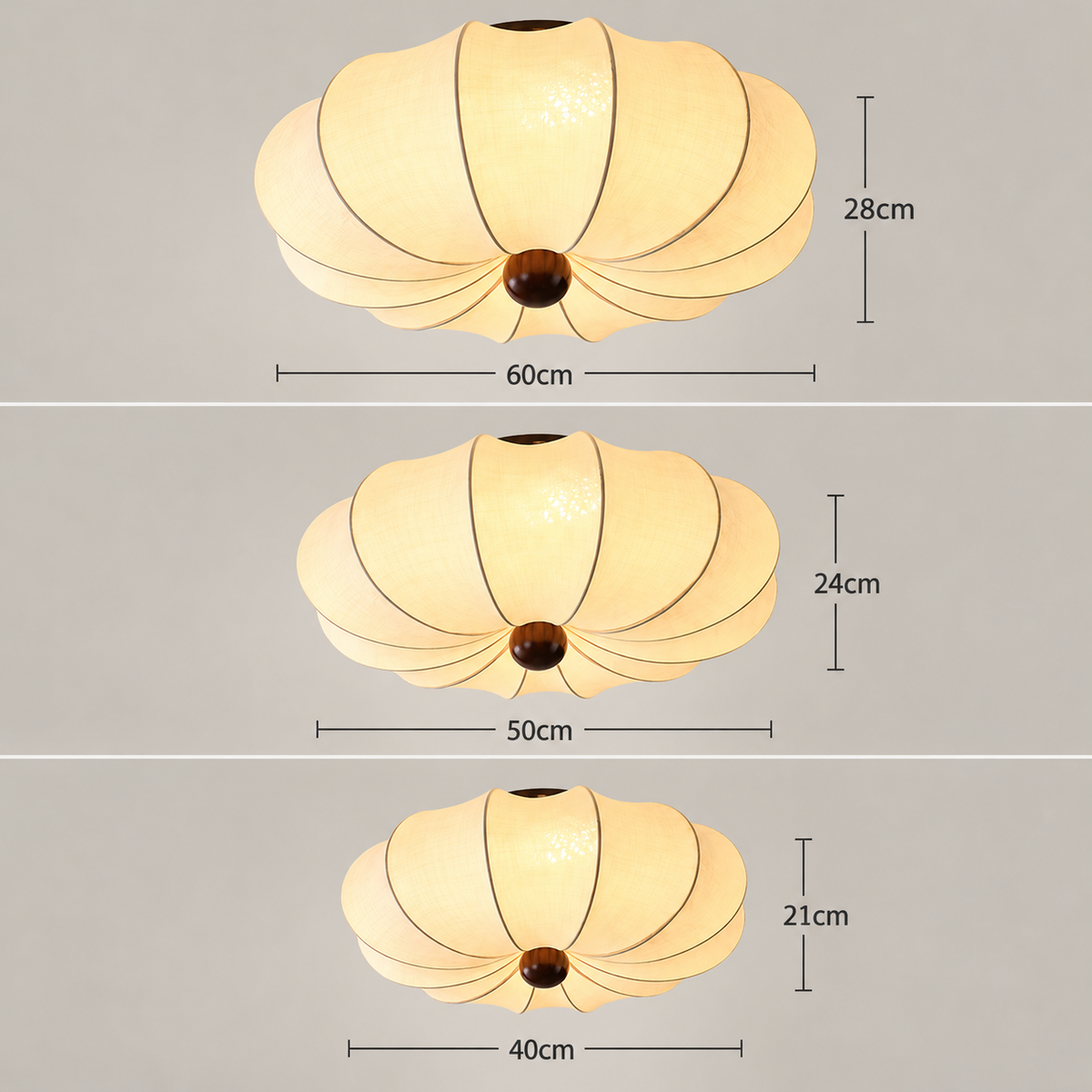 Ribbed Silk Ceiling Light | Japandi Semi-Flush Shade, 40-60 cm, Bedroom Fixture