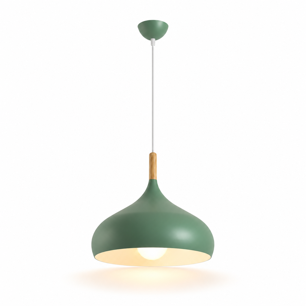 Dome Pendant Light | Matt Metal & Wooden Accent, 4 Colours, Kitchen & Dining
