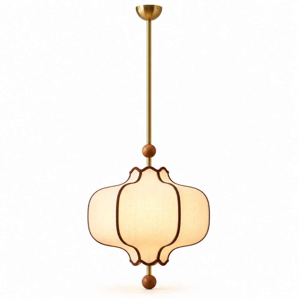 Lantern Fabric Pendant Light | Vintage Wood Frame & Beads, 40/50 cm, Dining Room