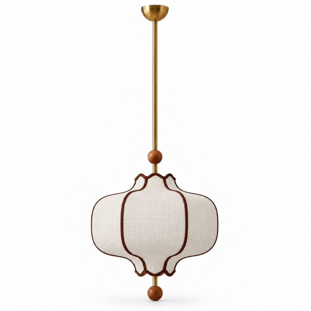 Lantern Fabric Pendant Light | Vintage Wood Frame & Beads, 40/50 cm, Dining Room