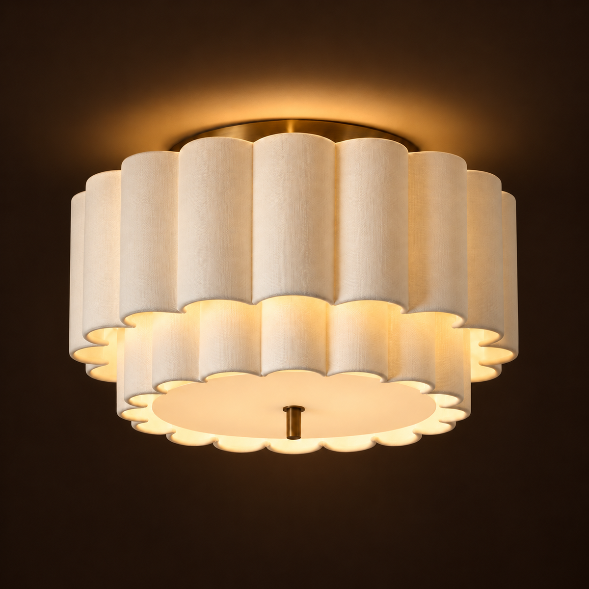 Pleated Fabric Ceiling Light | Two-Tier Semi-Flush Cream, 45-65 cm, Low Ceilings