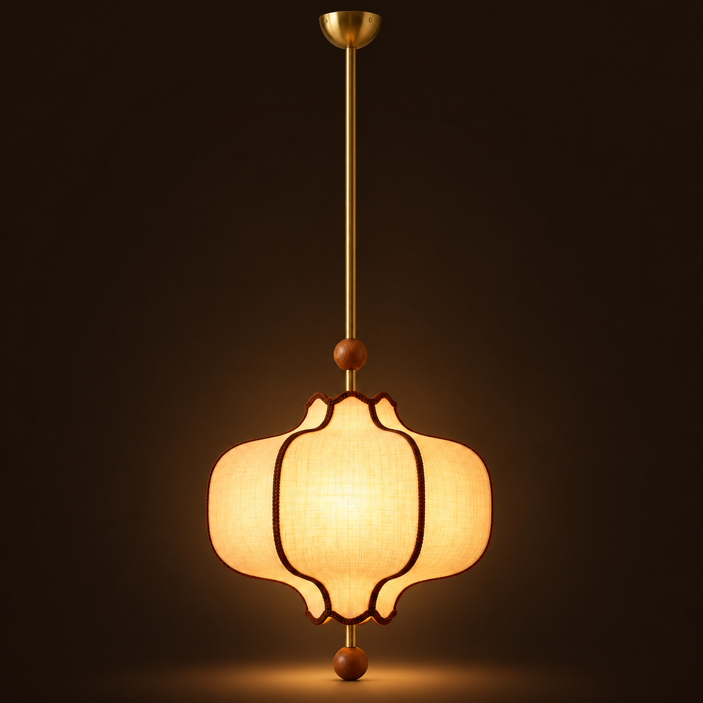 Lantern Fabric Pendant Light | Vintage Wood Frame & Beads, 40/50 cm, Dining Room