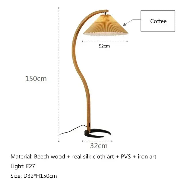 Pleated Arc Floor Lamp | Curved Beech Wood, 150 cm, White, Beige or Coffee Shade, Bulb Included