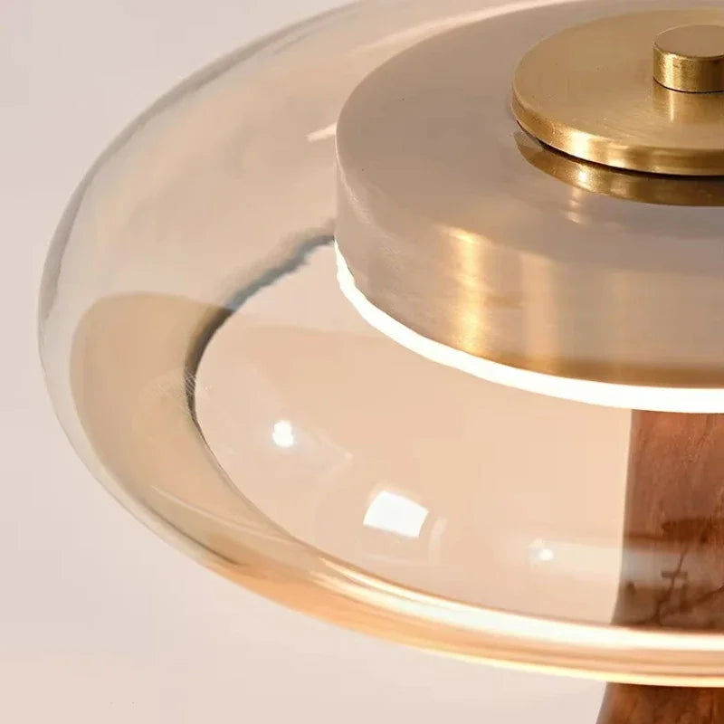 Amber Glass Table Lamp | Teardrop Wood Base & Brass Cap, 22 cm Shade, 24.5 or 31.5 cm Tall