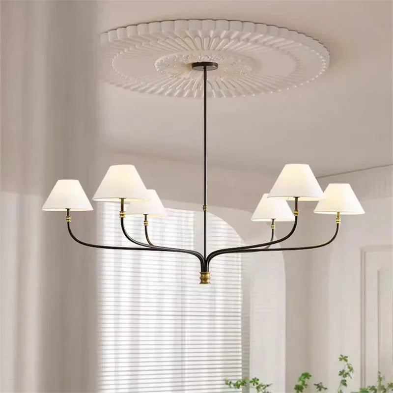 Black & Brass Chandelier | White Fabric Shades, 2 or 6 Arms, 130 cm Wide, Adjustable Rod