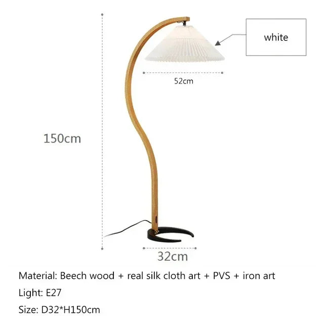 Pleated Arc Floor Lamp | Curved Beech Wood, 150 cm, White, Beige or Coffee Shade, Bulb Included