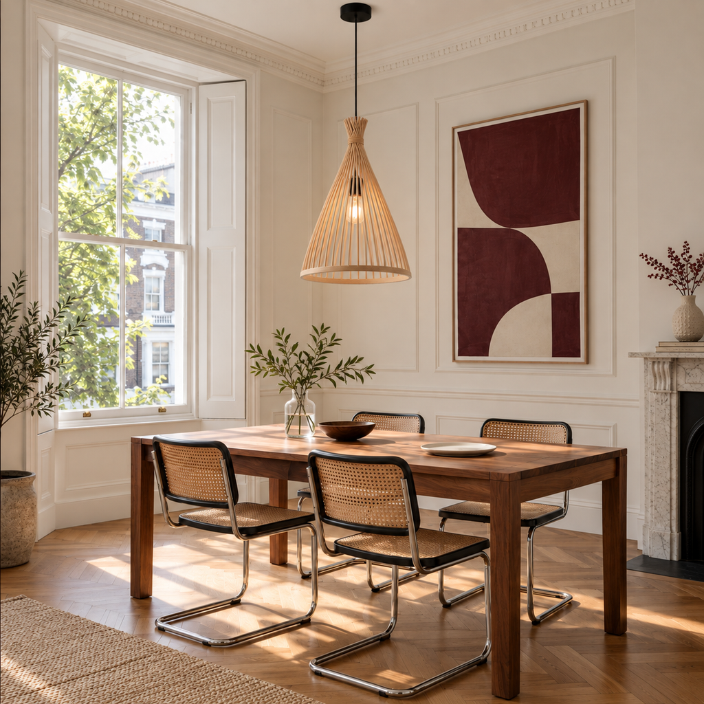 Bamboo & Rattan Pendant Light - Handmade Woven Cone Dining Room Light