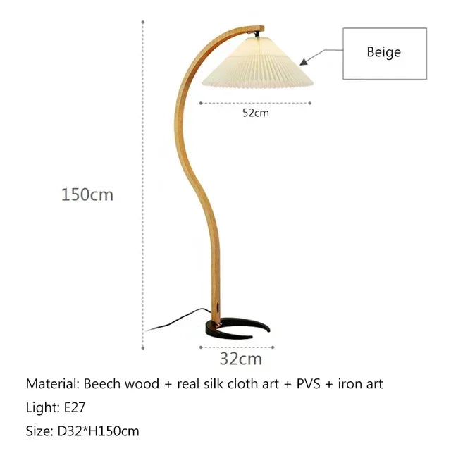 Pleated Arc Floor Lamp | Curved Beech Wood, 150 cm, White, Beige or Coffee Shade, Bulb Included