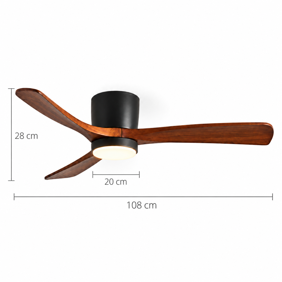 Low Profile Ceiling Fan with Light | 3 Wooden Blades, Remote, 108 or 132 cm, Black or White