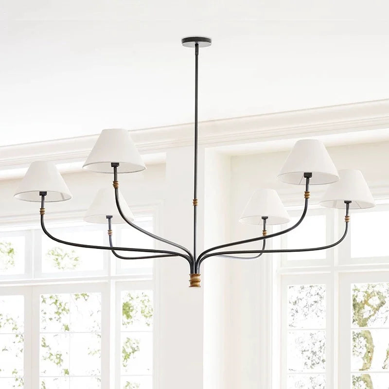 Black & Brass Chandelier | White Fabric Shades, 2 or 6 Arms, 130 cm Wide, Adjustable Rod