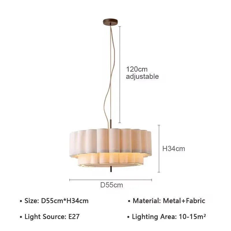 Two-Tier Pleated Fabric Chandelier | Cream Shade, 45-65 cm, Adjustable Cord