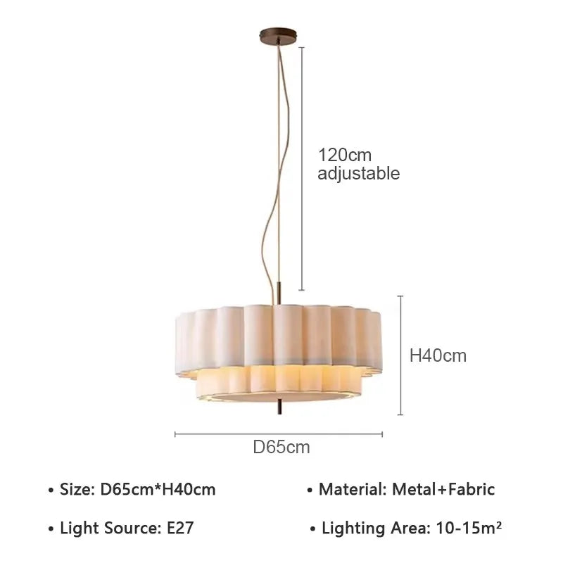 Two-Tier Pleated Fabric Chandelier | Cream Shade, 45-65 cm, Adjustable Cord