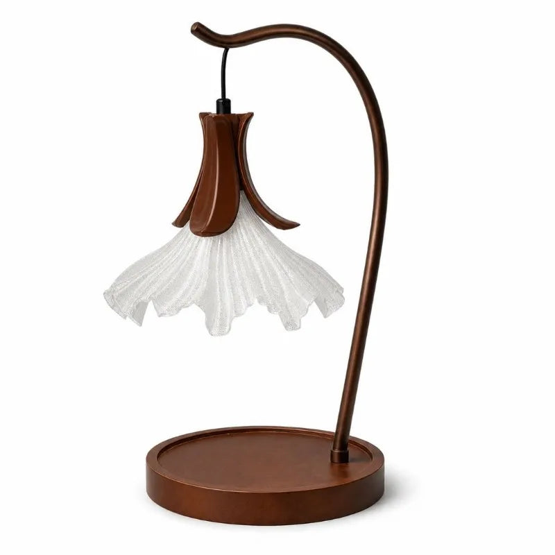 Flower Candle Warmer Lamp | Petal Shade, Curved Arm, Wood Base, 3-Colour Light, 36 cm, UK Plug