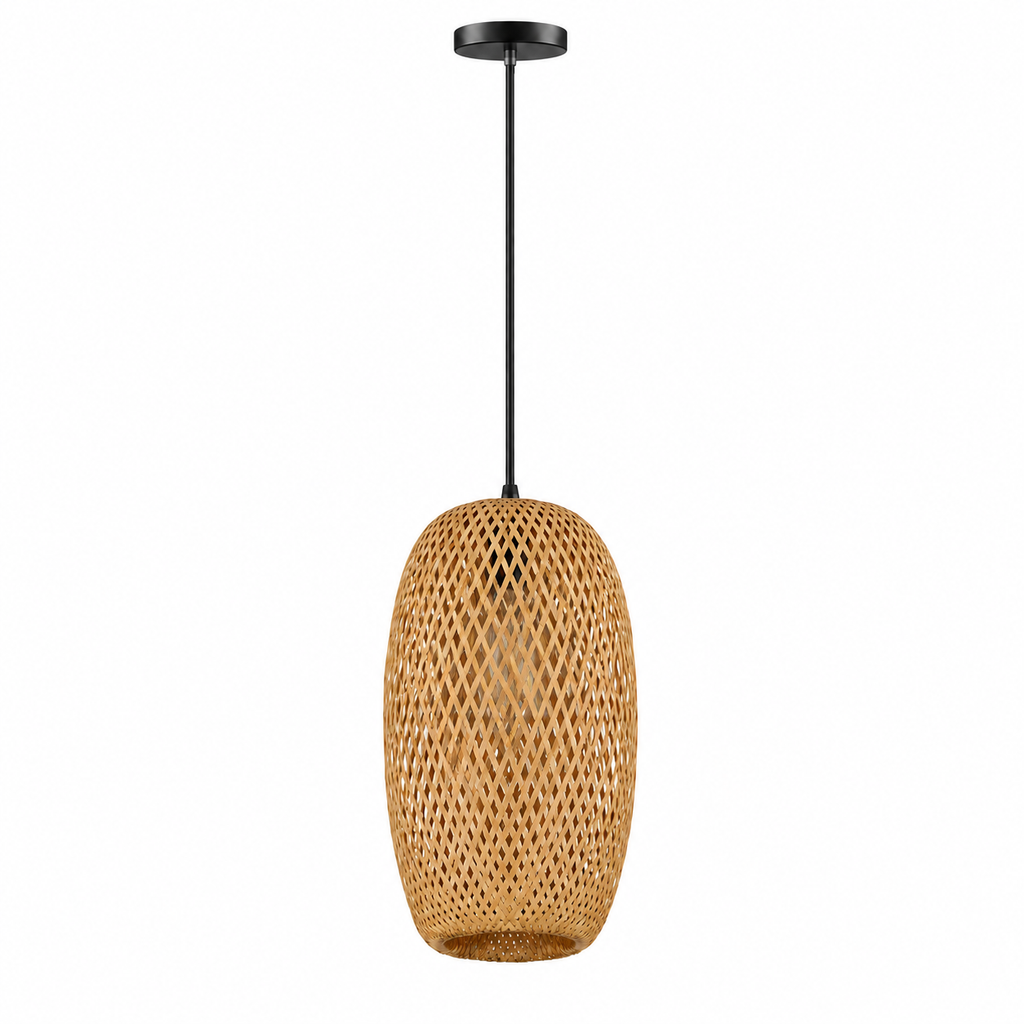 Tall Bamboo Lantern Pendant Light | Hand-Woven Rattan, 18 x 37 cm, Dining Table