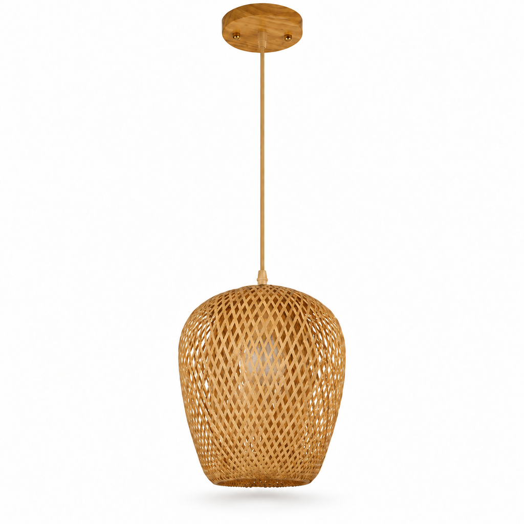 Bamboo Woven Pendant Light | Natural Rattan Barrel Shade, 23 cm, Kitchen Island