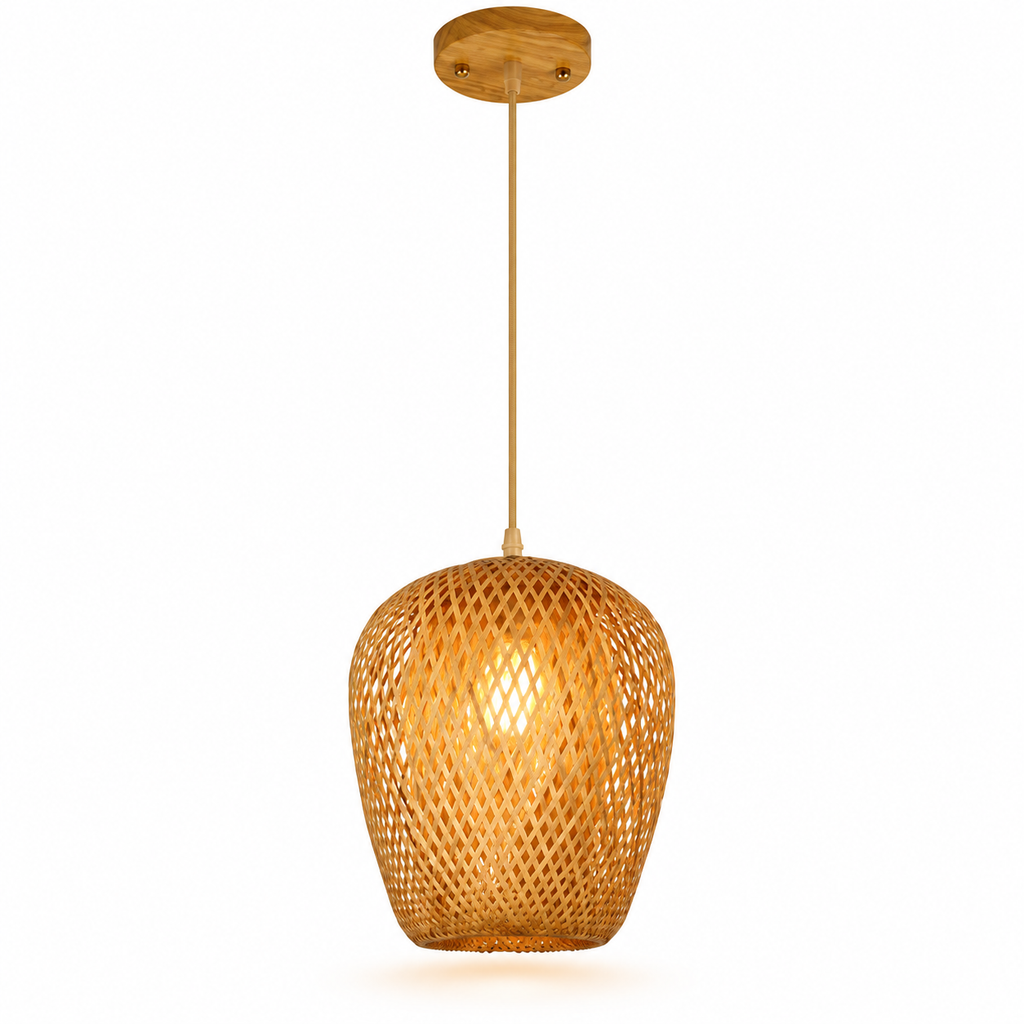 Bamboo Woven Pendant Light | Natural Rattan Barrel Shade, 23 cm, Kitchen Island