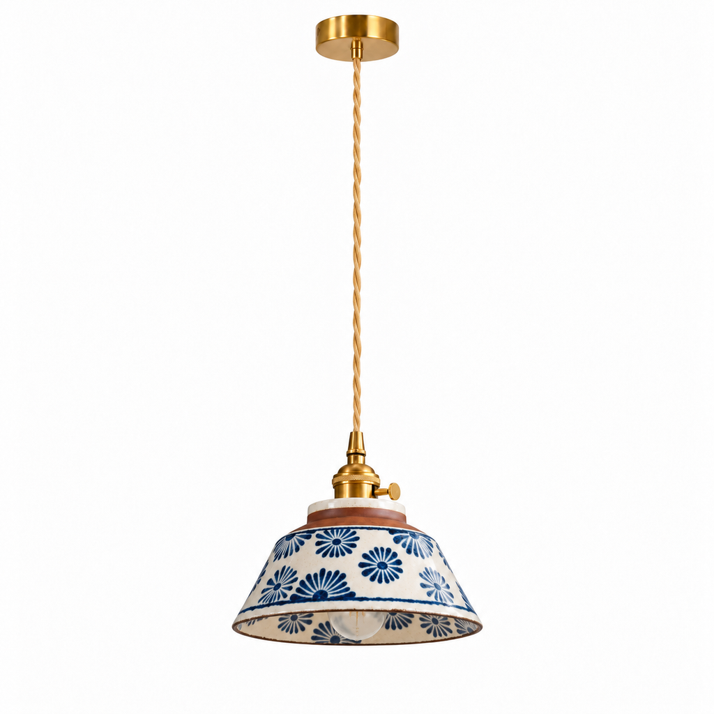 Hand-Painted Ceramic Pendant Light | Blue & White Glaze, Floral or Stripe Shade