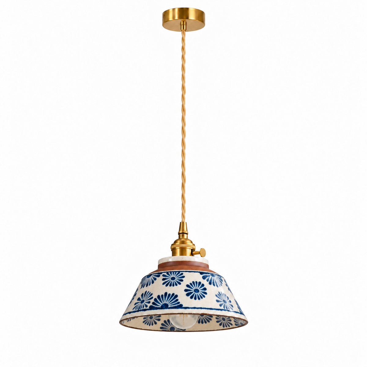 Hand-Painted Ceramic Pendant Light | Blue & White Glaze, Floral or Stripe Shade