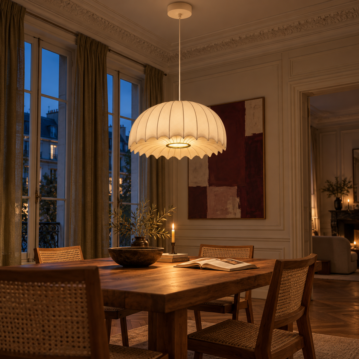 Scalloped Dome Silk Pendant Light | 40/50 cm, Long Drop for High Ceilings