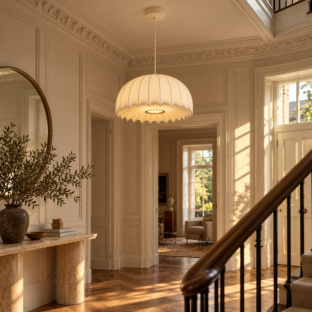 Scalloped Dome Silk Pendant Light | 40/50 cm, Long Drop for High Ceilings