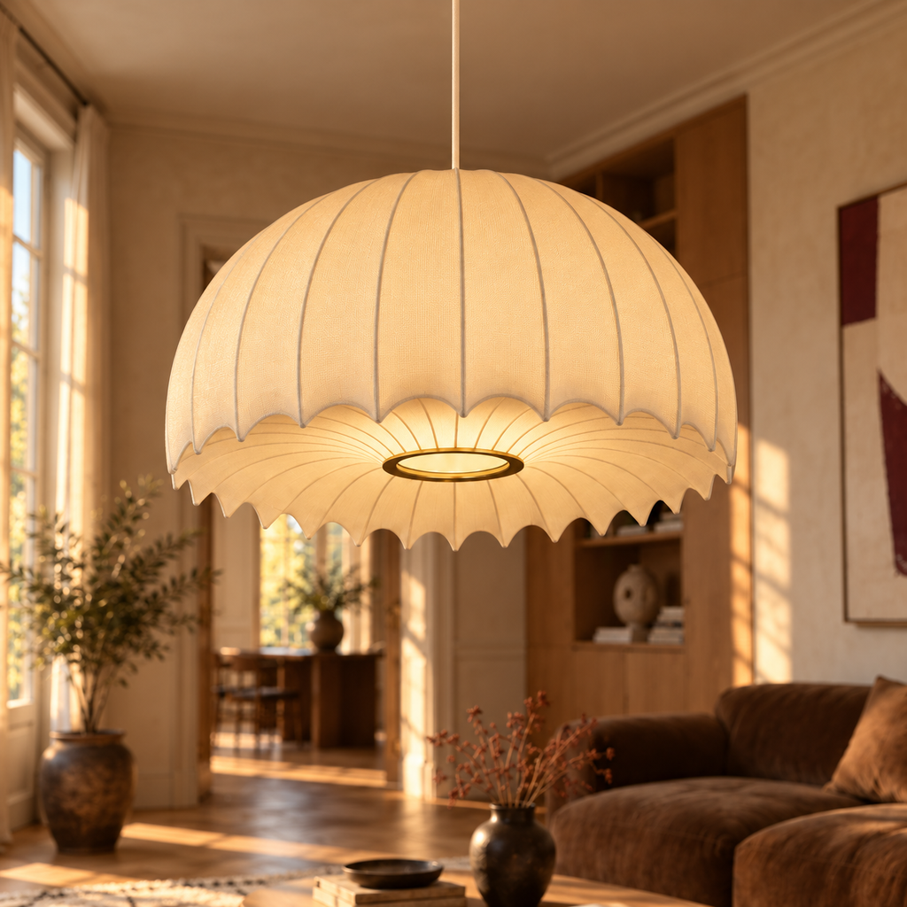Scalloped Dome Silk Pendant Light | 40/50 cm, Long Drop for High Ceilings