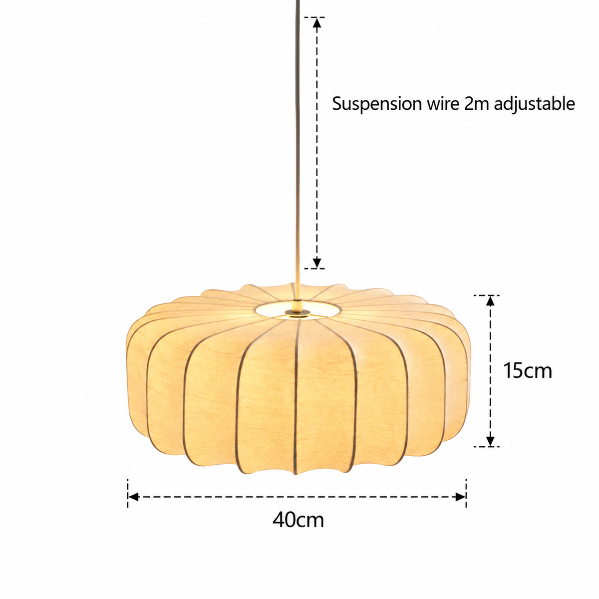 Fluted Silk Pendant Light | Scalloped Hem & Oak Canopy, 40 cm, Bedroom Ceiling Lamp