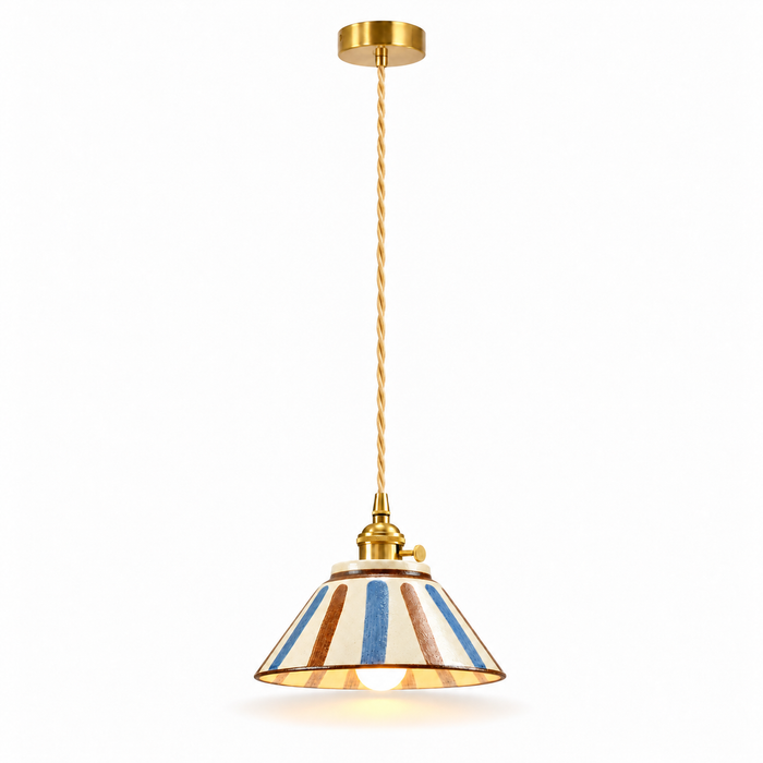 Hand-Painted Ceramic Pendant Light | Blue & White Glaze, Floral or Stripe Shade
