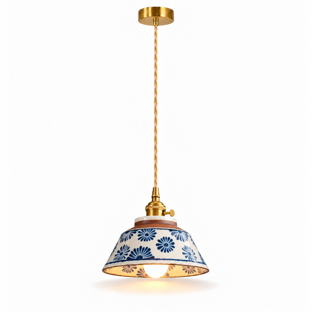 Hand-Painted Ceramic Pendant Light | Blue & White Glaze, Floral or Stripe Shade