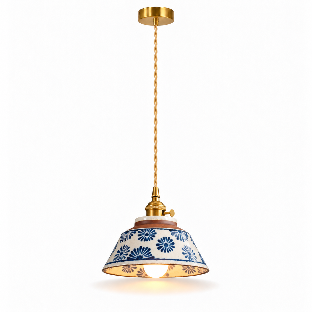 Hand-Painted Ceramic Pendant Light | Blue & White Glaze, Floral or Stripe Shade