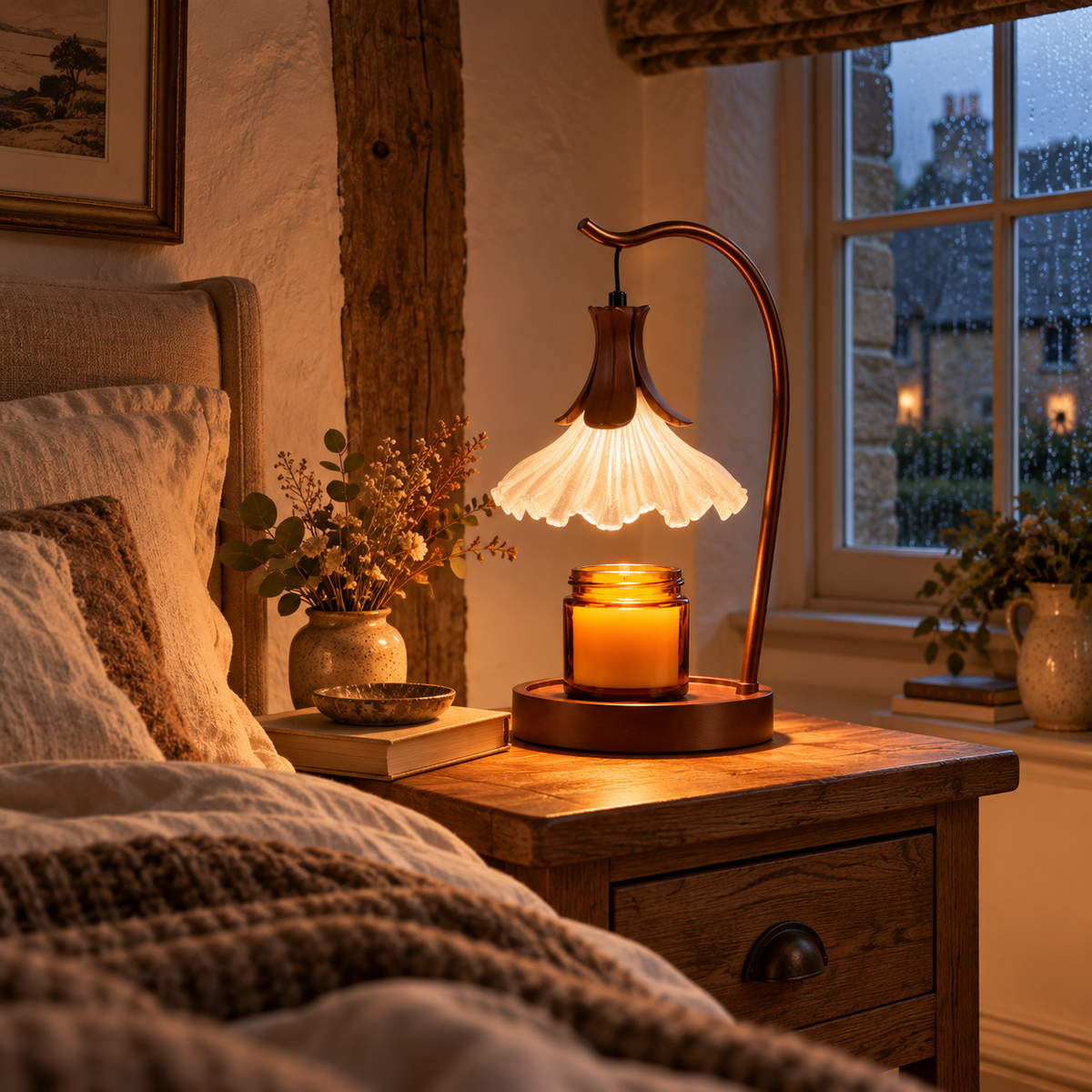Flower Candle Warmer Lamp | Petal Shade, Curved Arm, Wood Base, 3-Colour Light, 36 cm, UK Plug